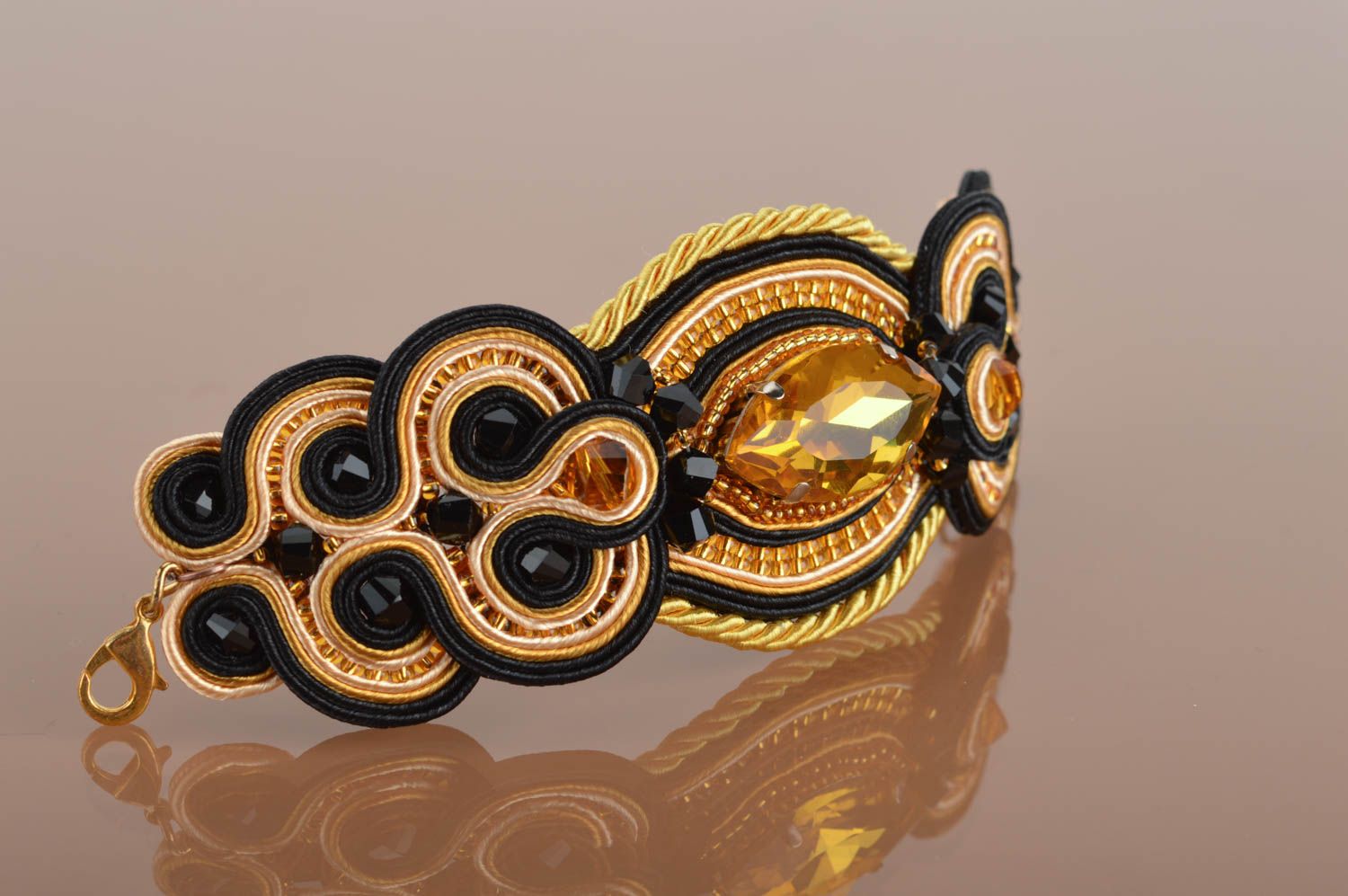 Beautiful yellow handmade designer soutache wide bracelet with Czech beads photo 2