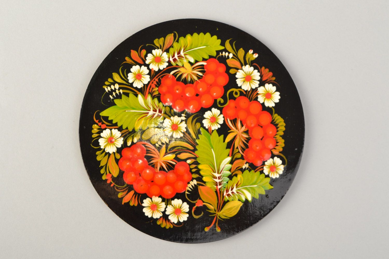 Handmade round wooden fridge magnet with Petrikov painting photo 3