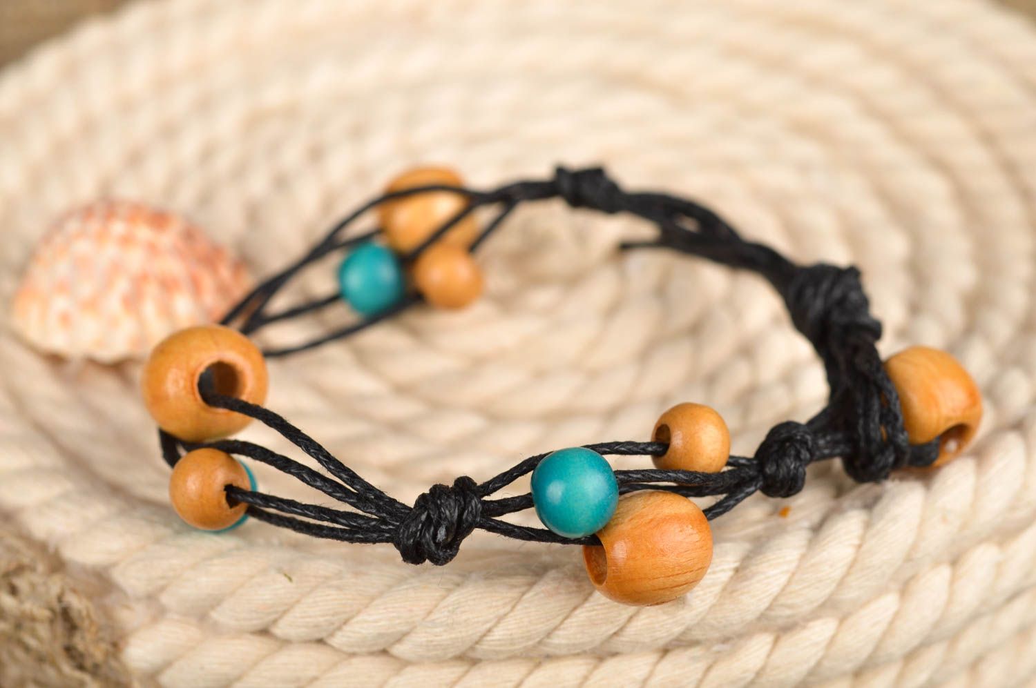 Handmade wooden turquoise and orange beads wrist bracelet on black wax four layers cord for girls photo 1