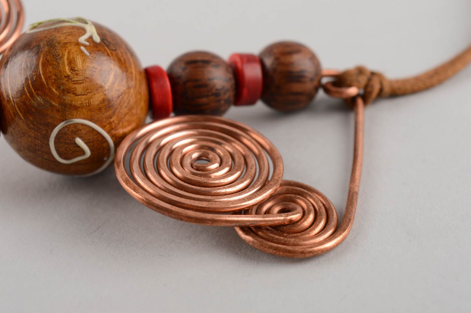 Handmade designer copper wire pendant with wooden beads on cord women accessory photo 4