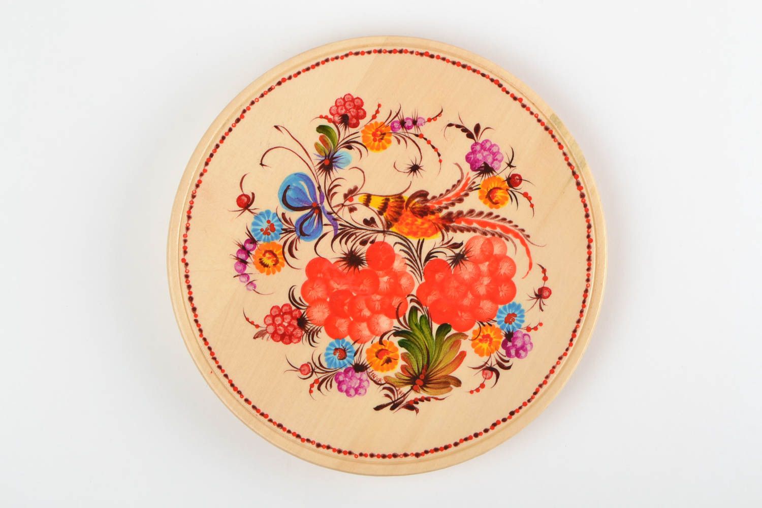 Настенная деревянная тарелка с Петриковской росписью ручной работы круглая фото 2
