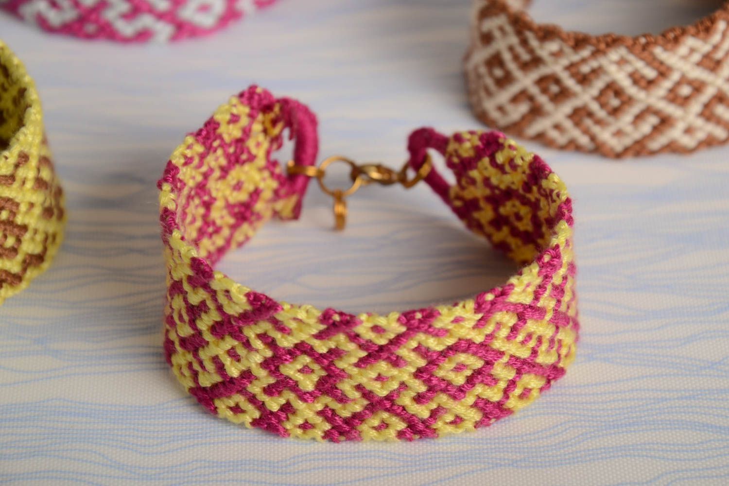 Pink and yellow handmade beautiful wide bracelet woven of embroidery floss photo 1