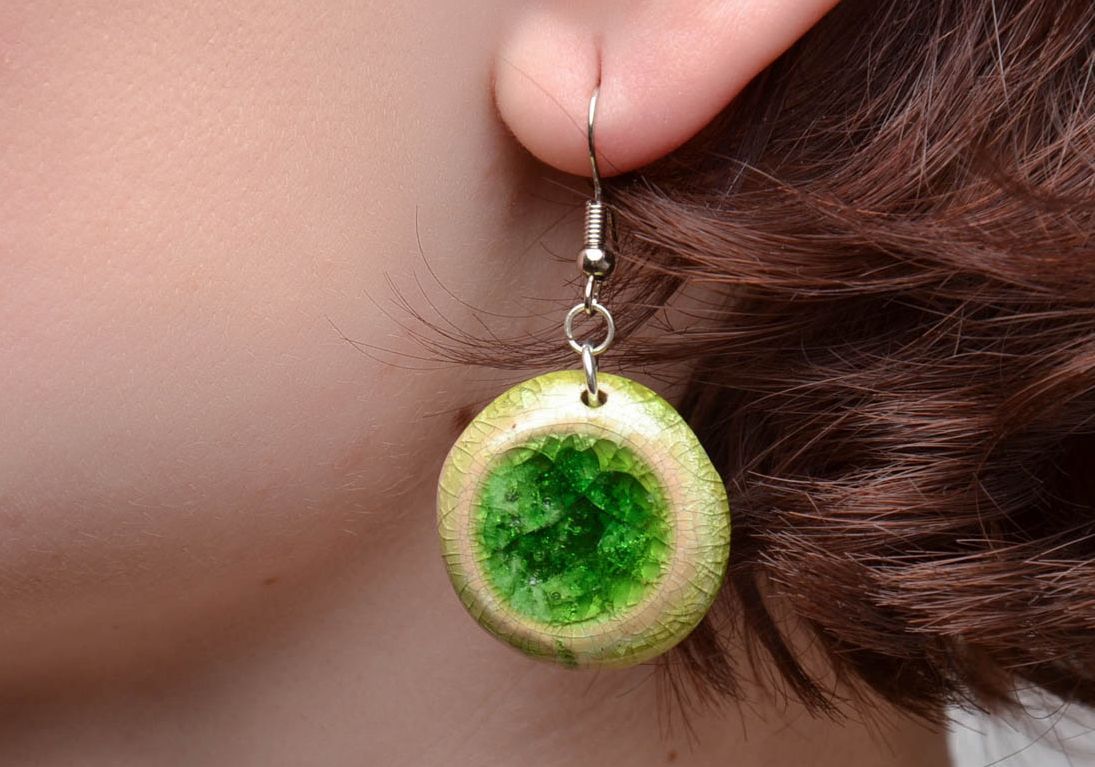 Round ceramic earrings with glass Green photo 5