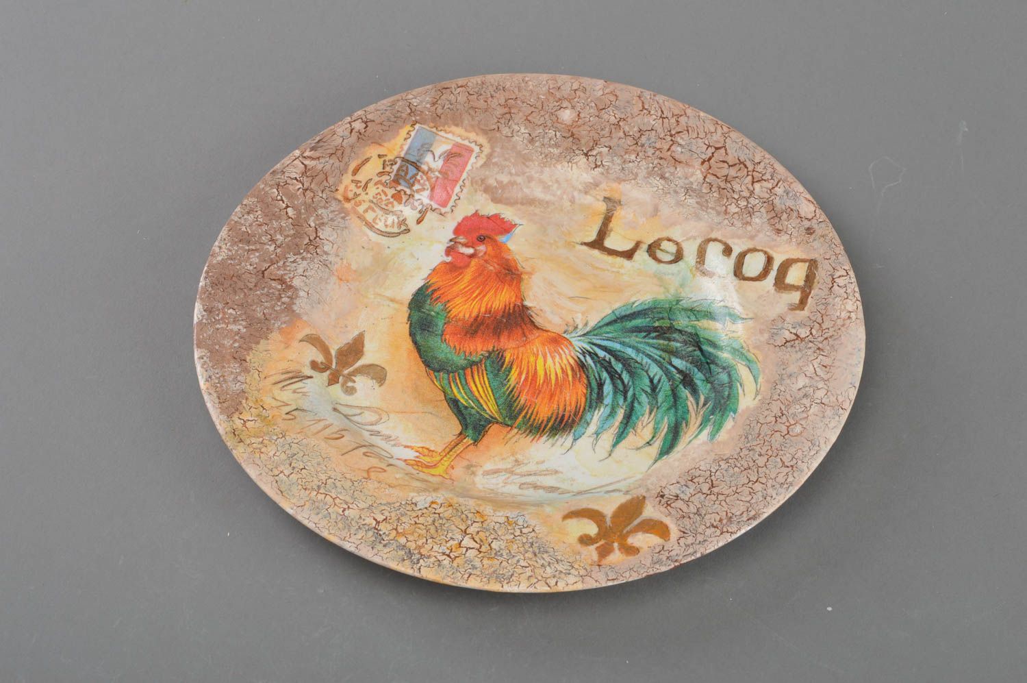 Beautiful handmade designer decoupage glass wall plate for home decor Rooster photo 1