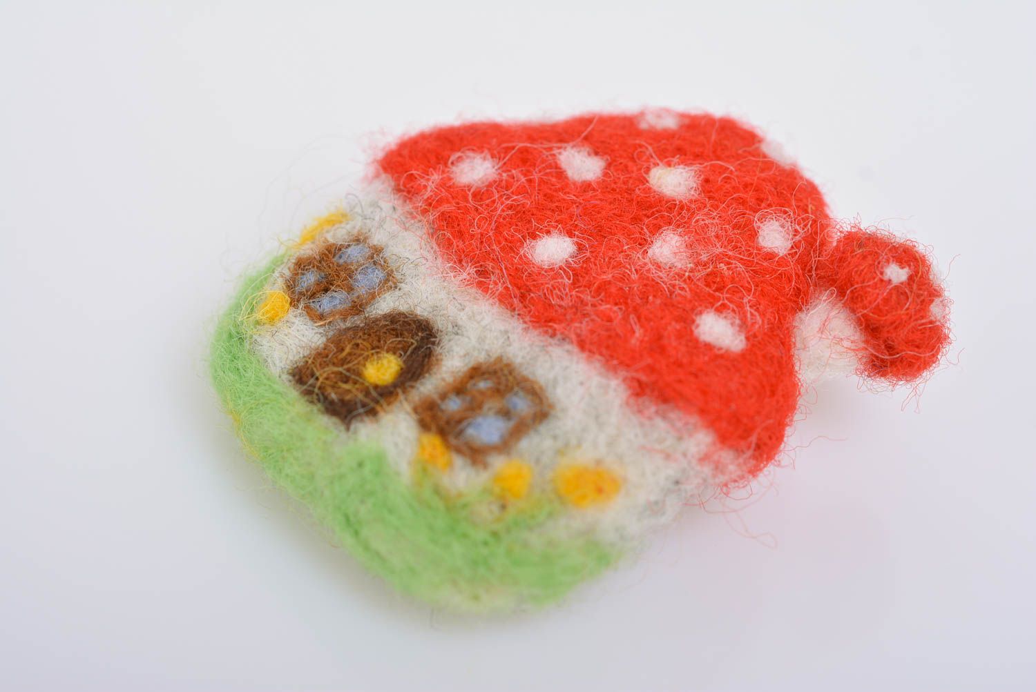 Homemade designer felted wool brooch in the shape of house Fly Amanita photo 2