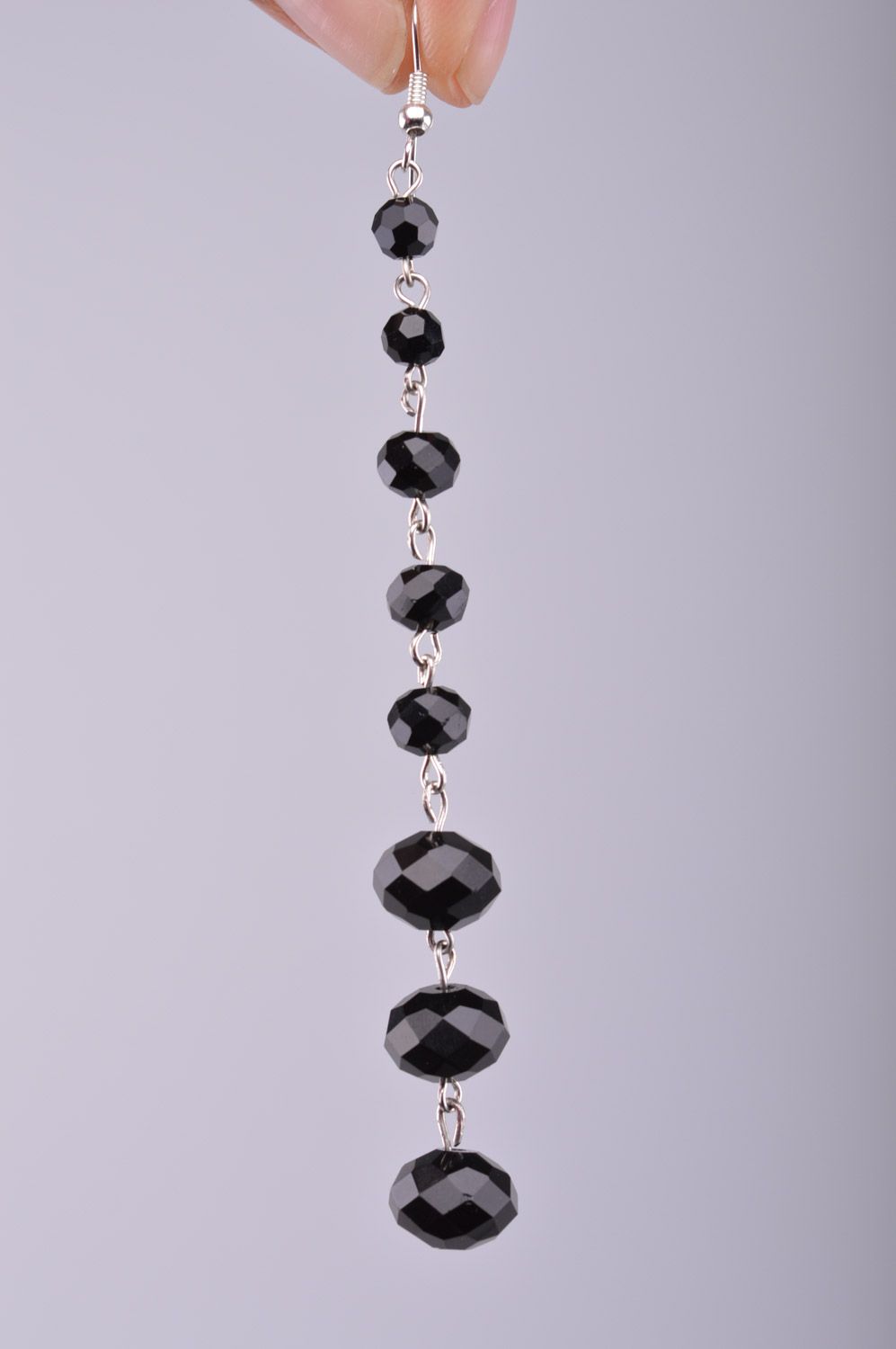 Elegant evening handmade long beaded earrings with black faceted stones  photo 1