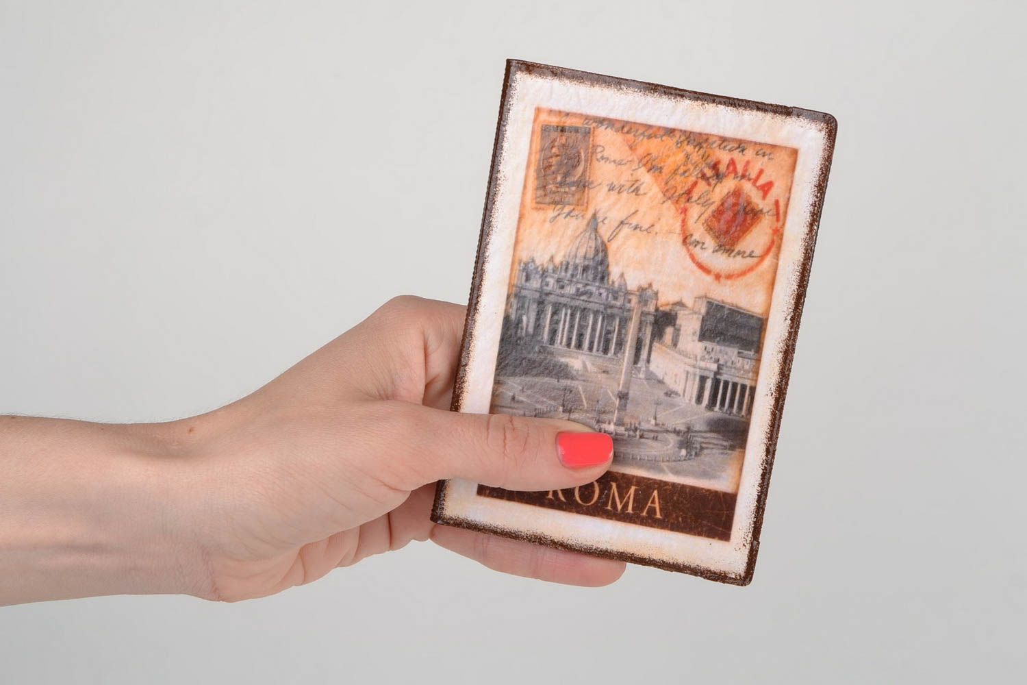 Handmade designer faux leather passport cover decorated with decoupage Roma photo 2