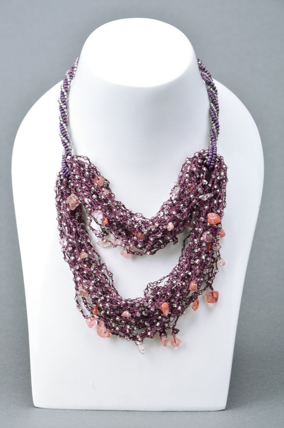 Handmade magnificent designer airy necklace woven of Czech beads in violet color photo 1