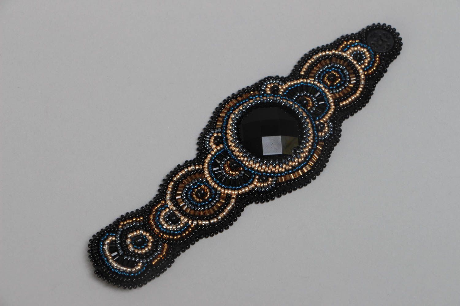 Elegant black beads bracelet with large black cabochon for women photo 2