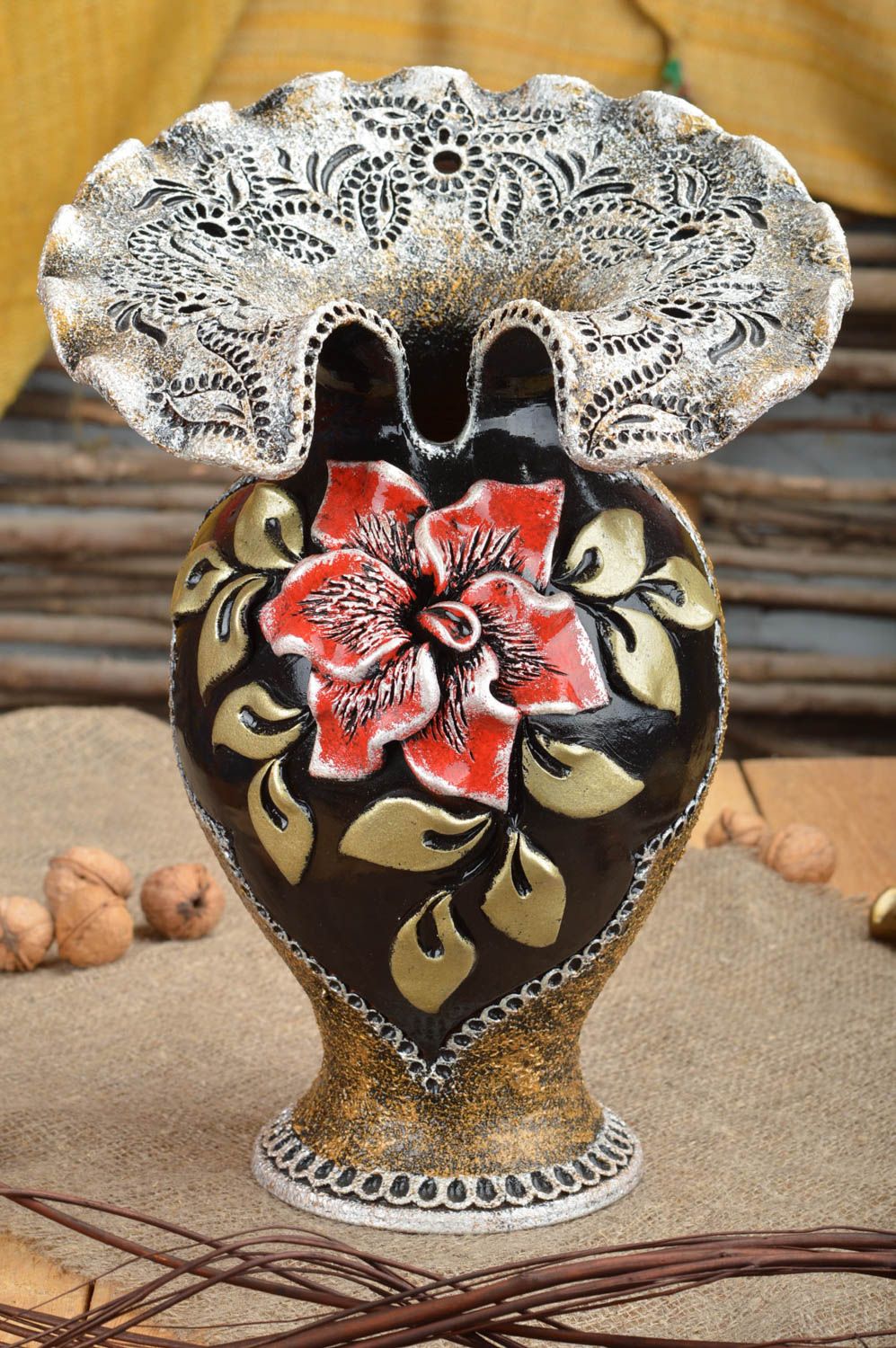 Декоративная ваза из глины большая керамическая с цветами ручная работа 3.5 л фото 1