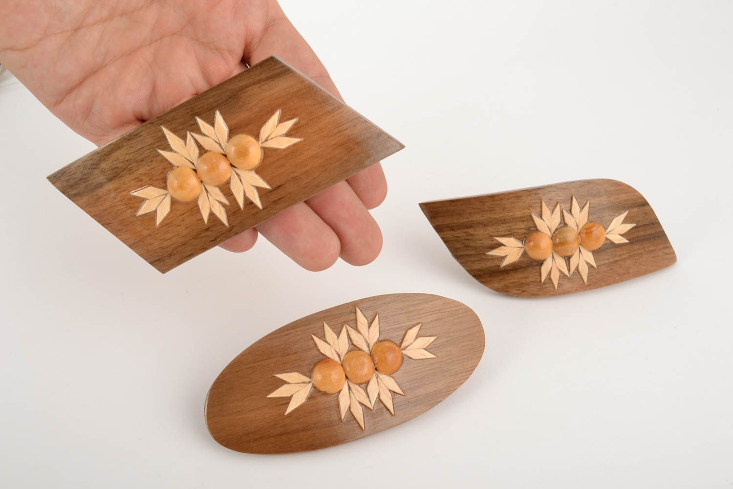 Head flowers accessories Handmade women's varnished wooden hair clips set 3 pieces photo 5