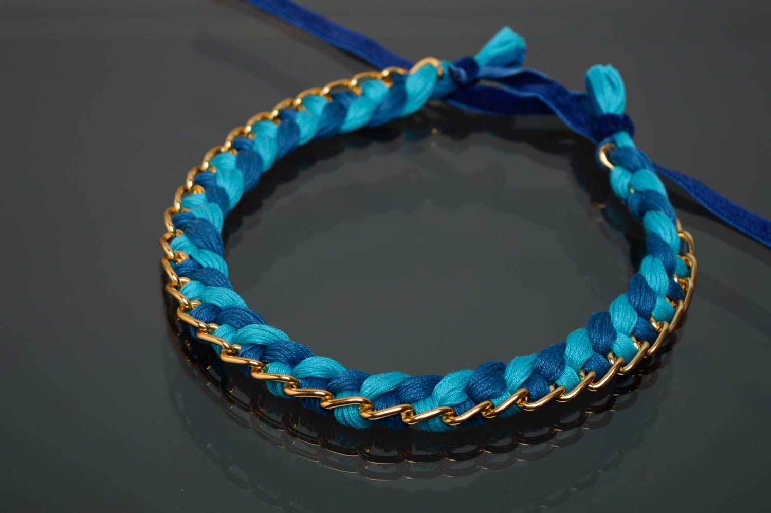 Blue textile necklace made of moulin threads and chain photo 1
