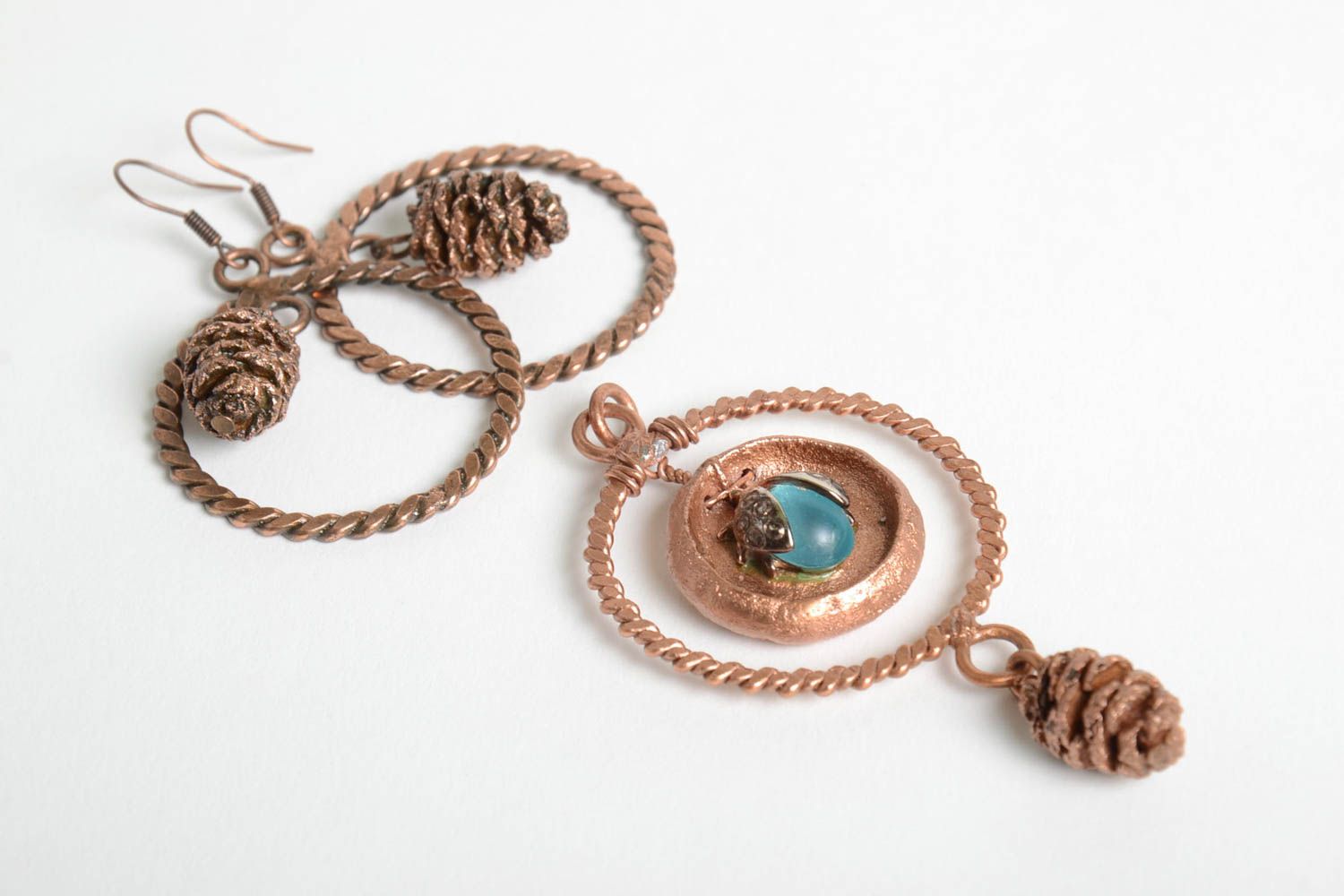 Boucles d'oreilles anneaux Pendentif fait main Set de bijoux métal cuivré photo 4