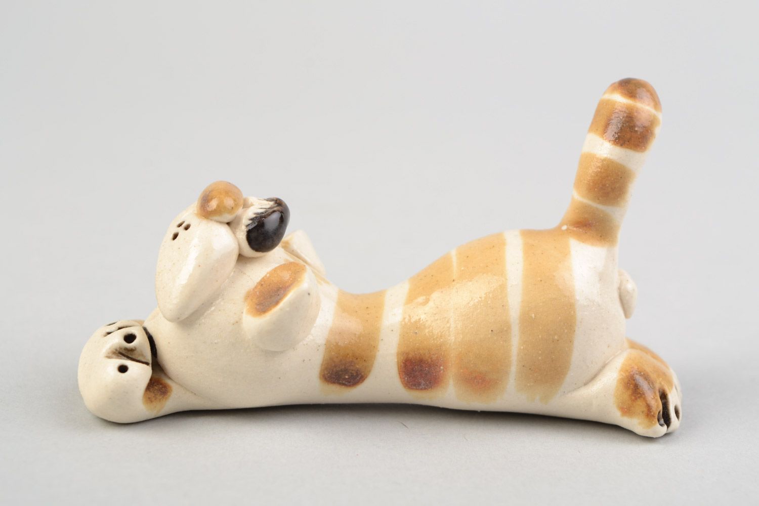 Figura cerámica artesanal pintada gato rayado divertido bonito  foto 4