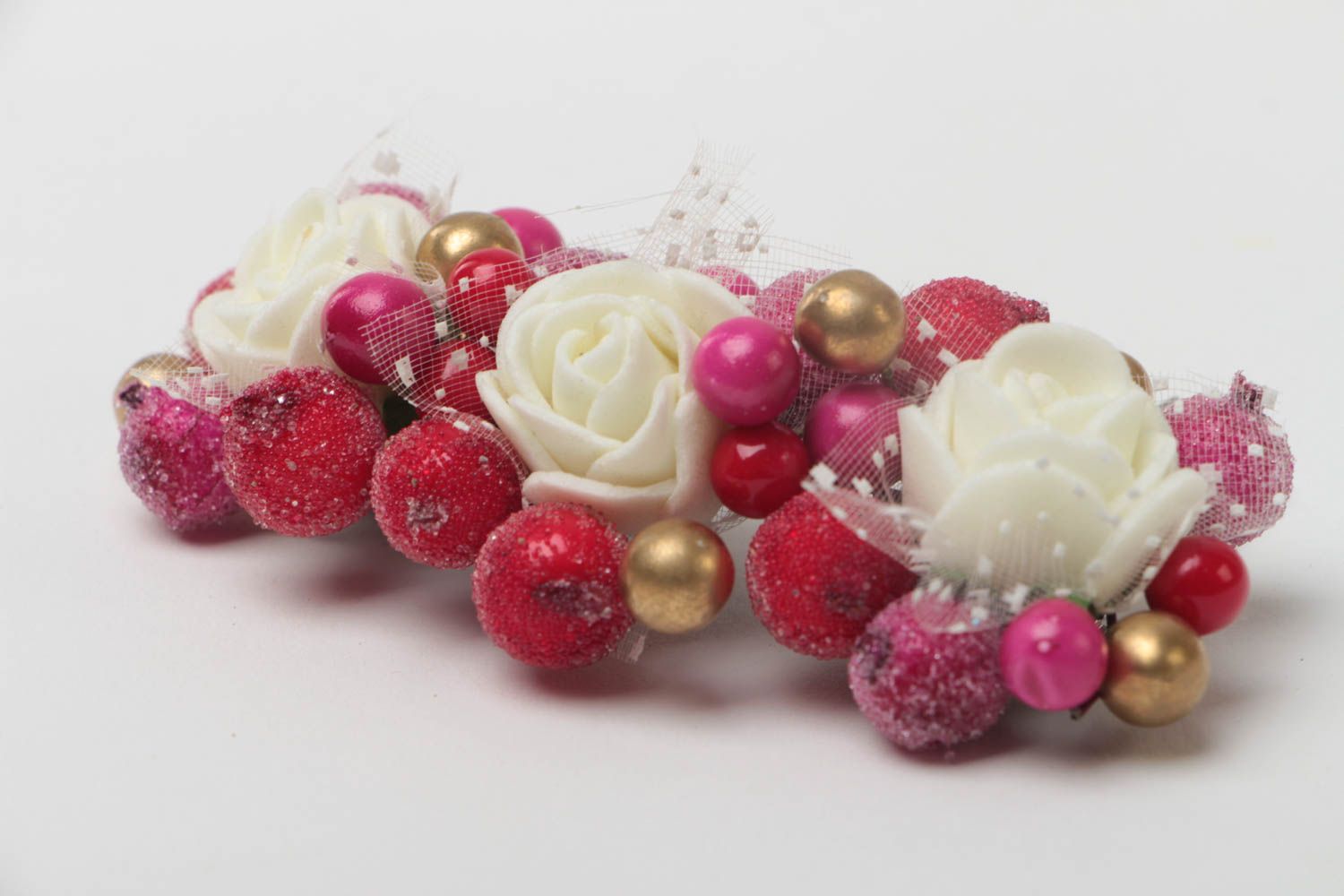 Handmade metal decorative hair comb with artificial colorful berries and flowers photo 3