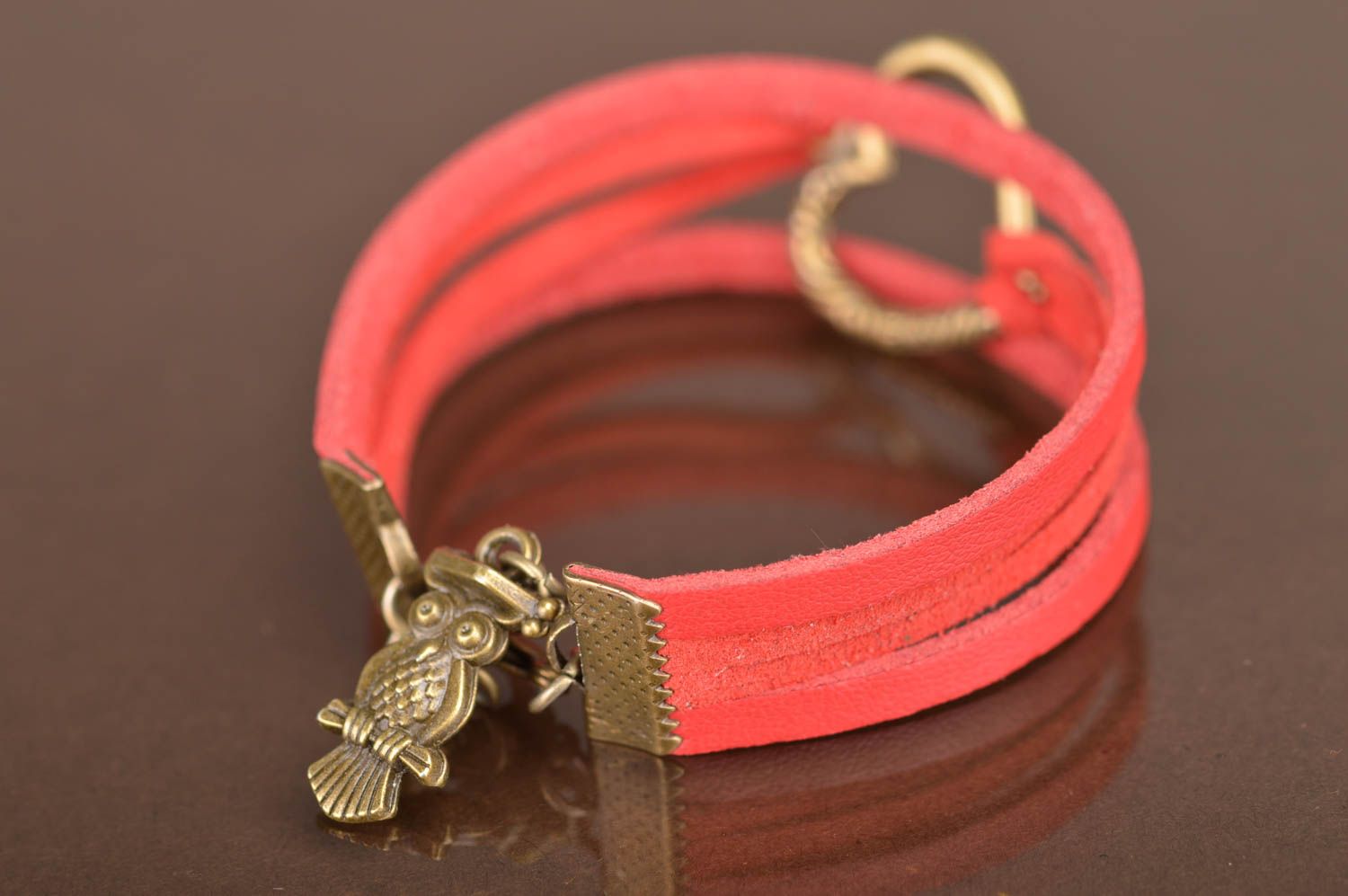 Beautiful women's handmade red leather bracelet with metal heart shaped charm  photo 4