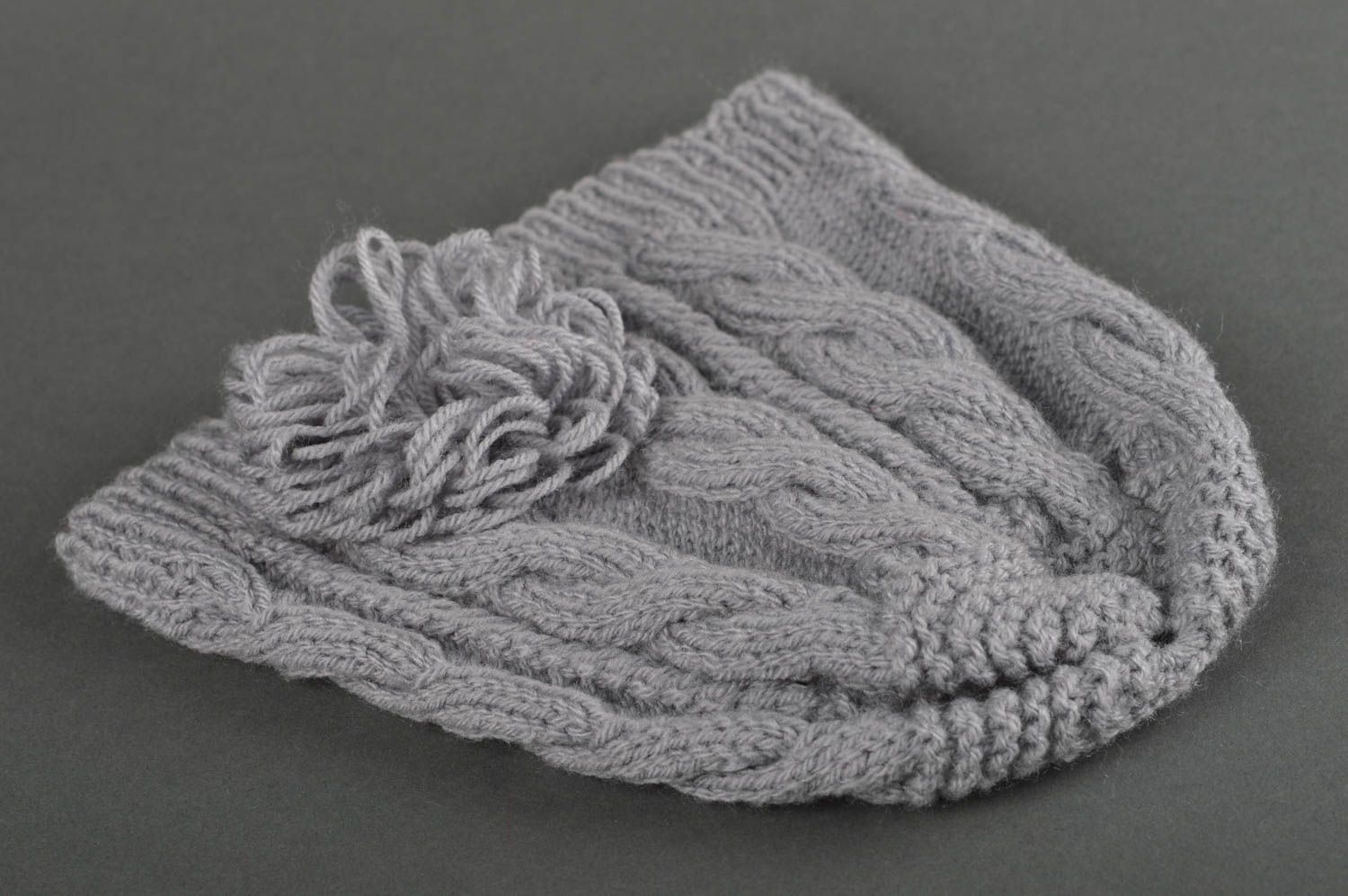 Bonnet tricot Chapeau au crochet fait main gris fils d'angora Vêtement enfant photo 3