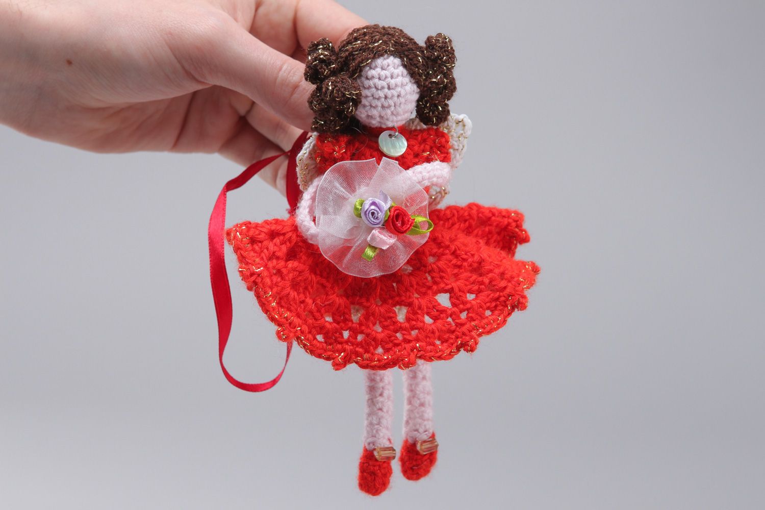 Handmade soft doll crocheted of cotton and acrylic threads girl in red dress photo 4