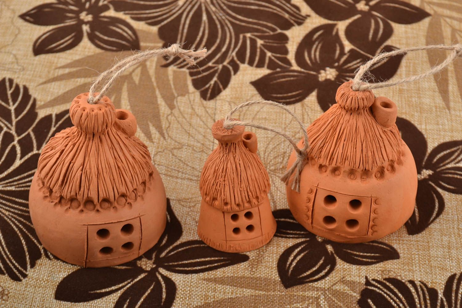 Beautiful handmade designer clay bells set 3 pieces Houses photo 1