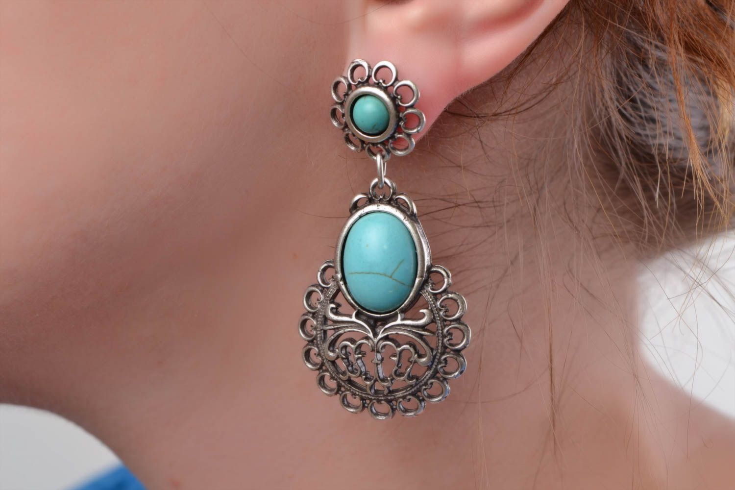 Large handmade elegant metal earrings with turquoise stone photo 1