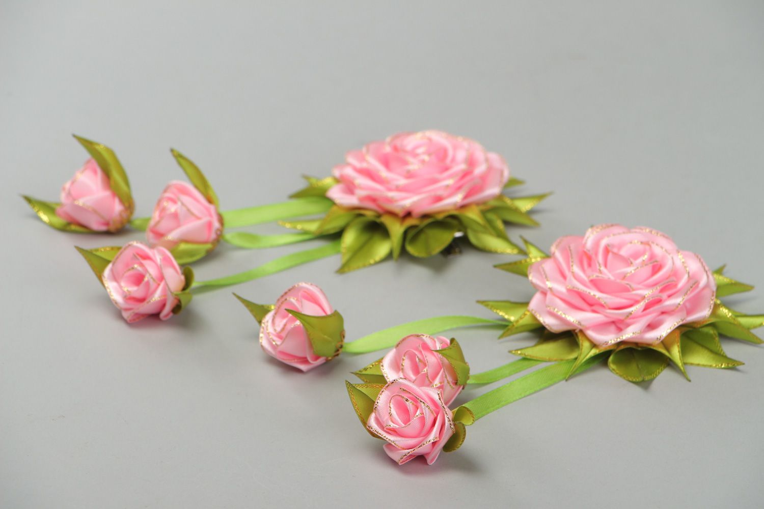 Set of handmade hair clips with tender pink satin kanzashi flowers 2 items photo 2