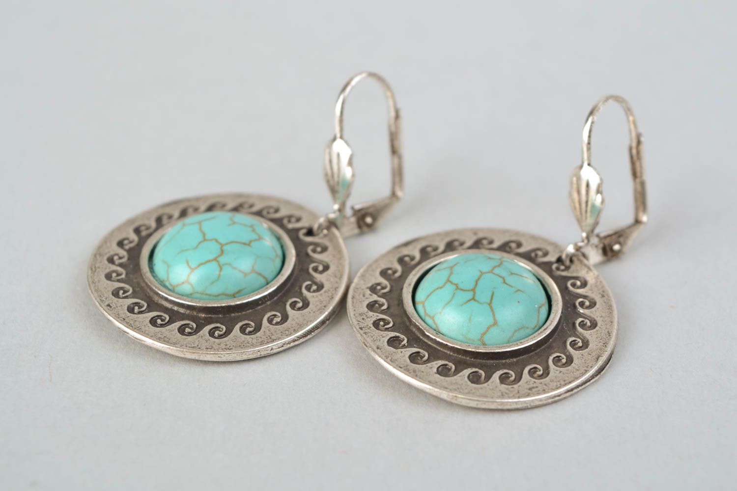 Round metal earrings with turquoise photo 4