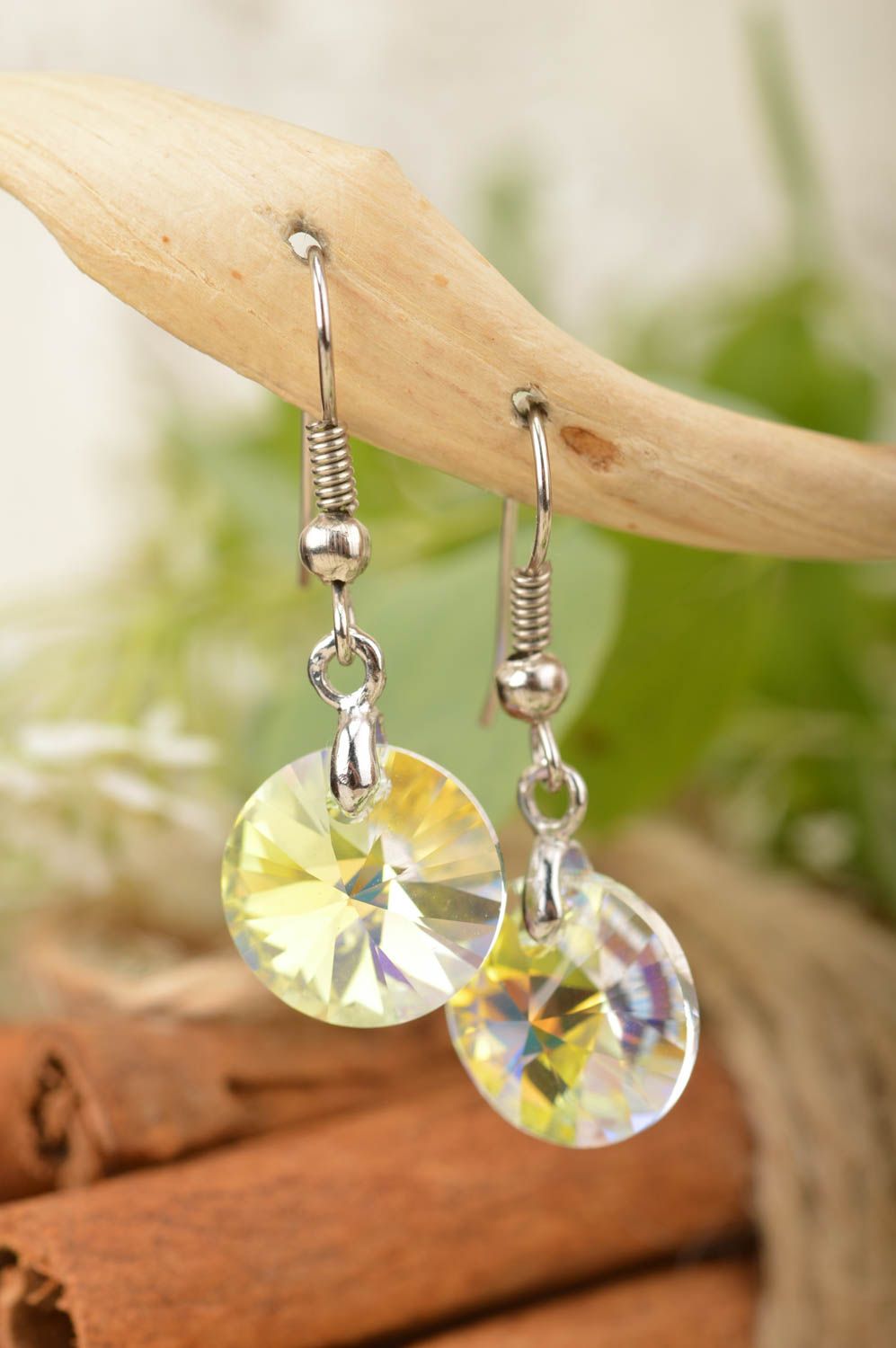 Handmade round designer dangling earrings with crystals Transparent Teardrop photo 1