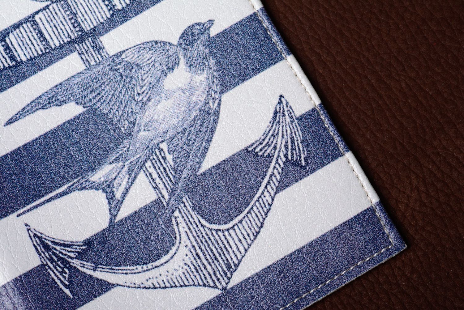 Homemade leather passport cover with print in marine style photo 4