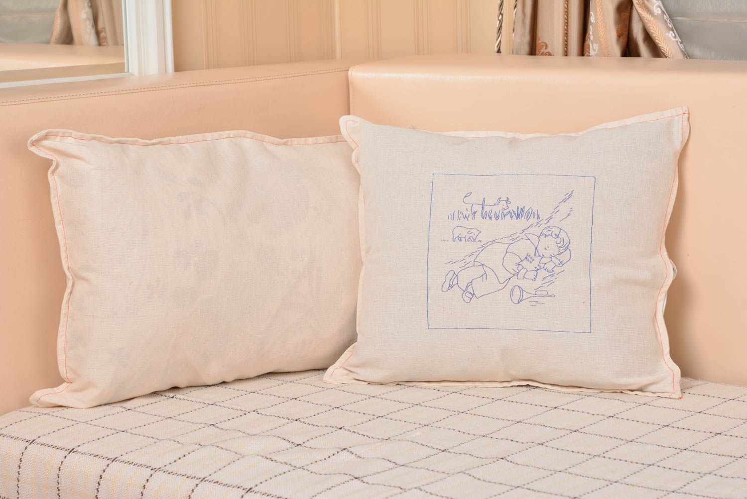 Handmade light semi linen fabric designer pillow case with blue embroidery photo 5