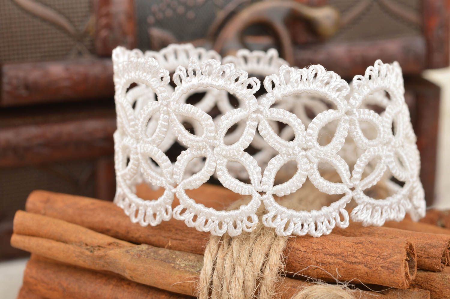 Beautiful handmade designer gentle white tatting lace bracelet with beads  photo 1