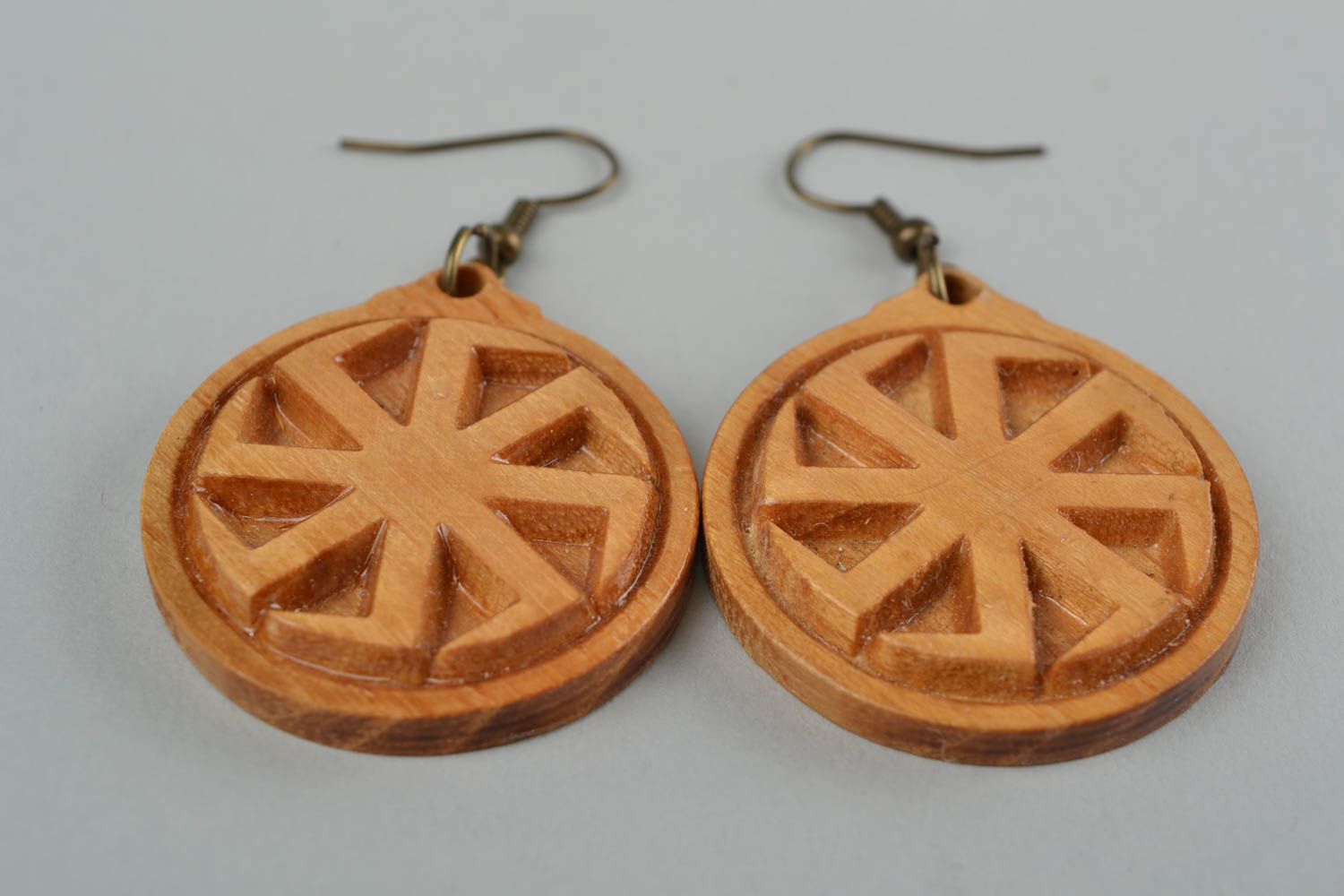 Wooden round handmade ethnic earrings with Cross of Lada the Virgin  photo 4