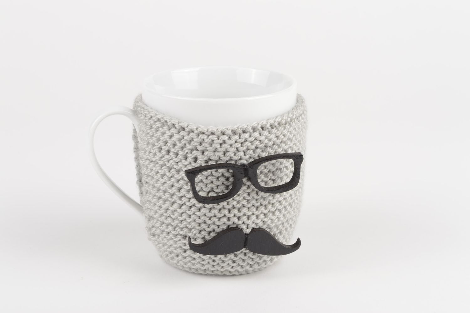 8 oz white porcelain cup with knitted cover with man and mustache pattern photo 2