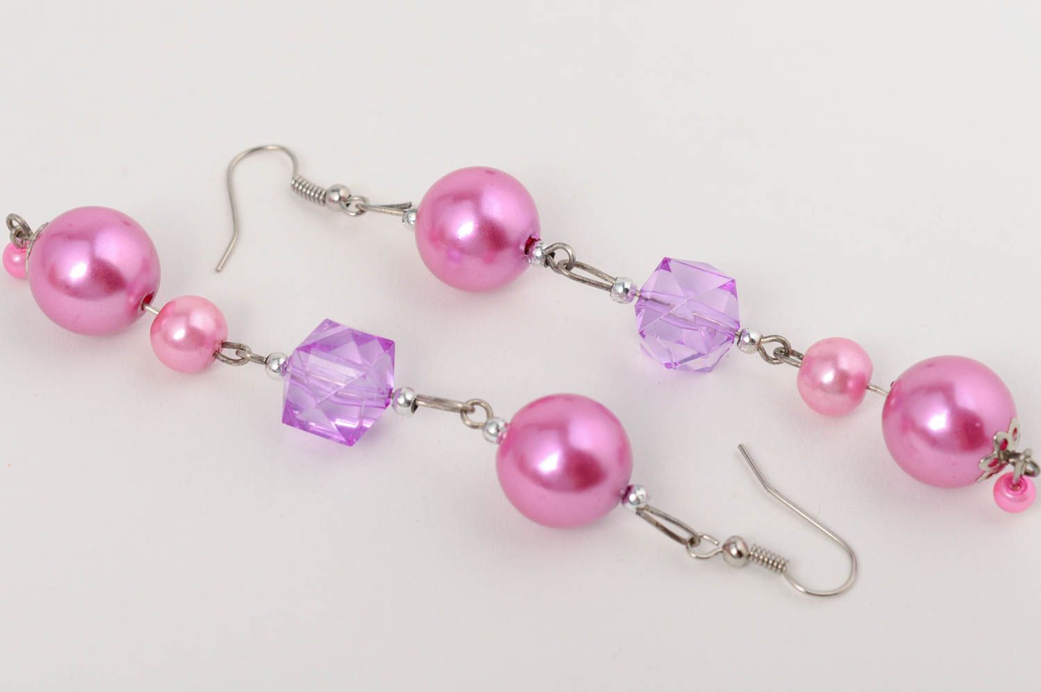 Handmade long dangle earrings with violet ceramic and plastic beads  photo 5