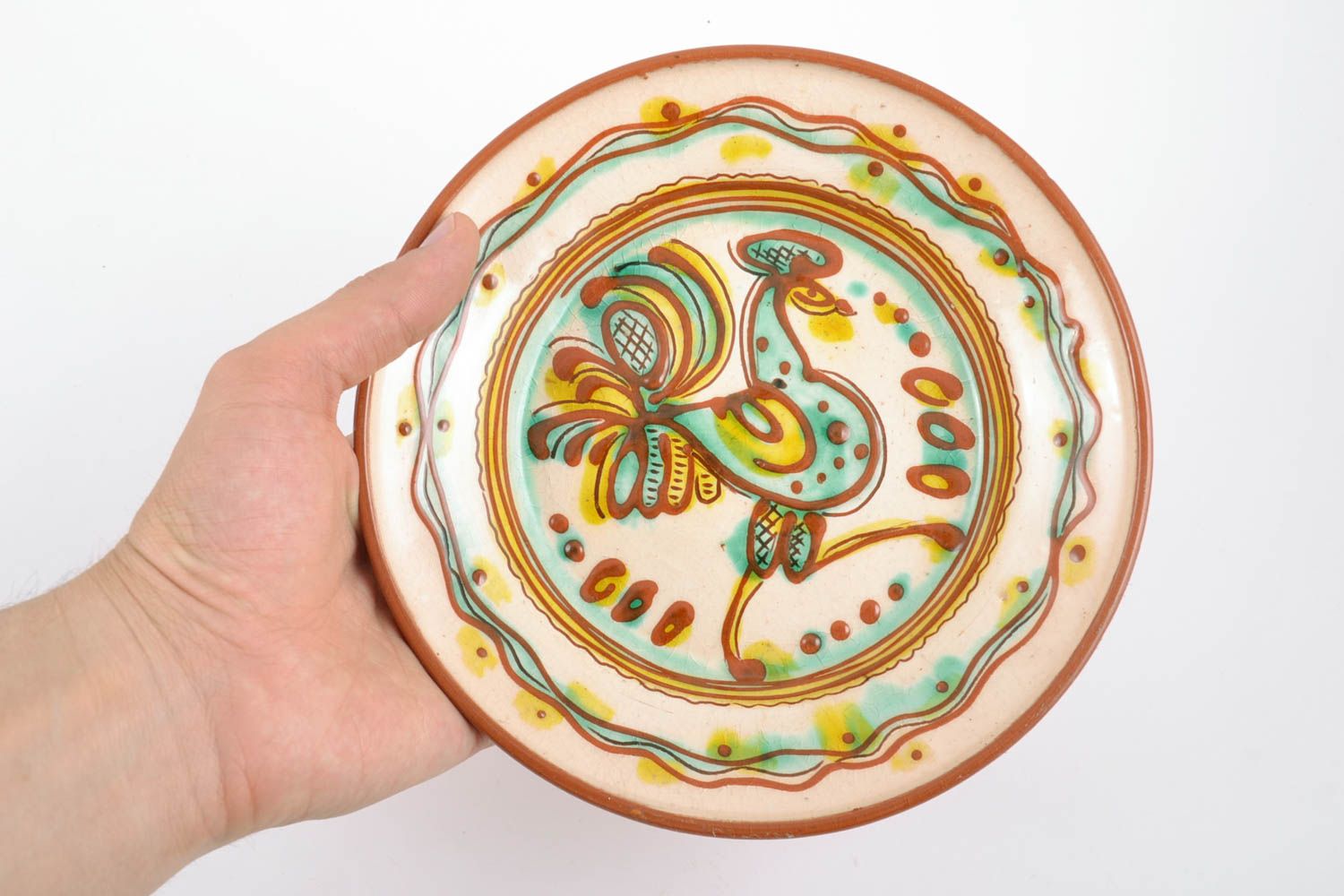 Керамическая тарелка расписанная глазурью декоративная ручной работы красивая фото 2