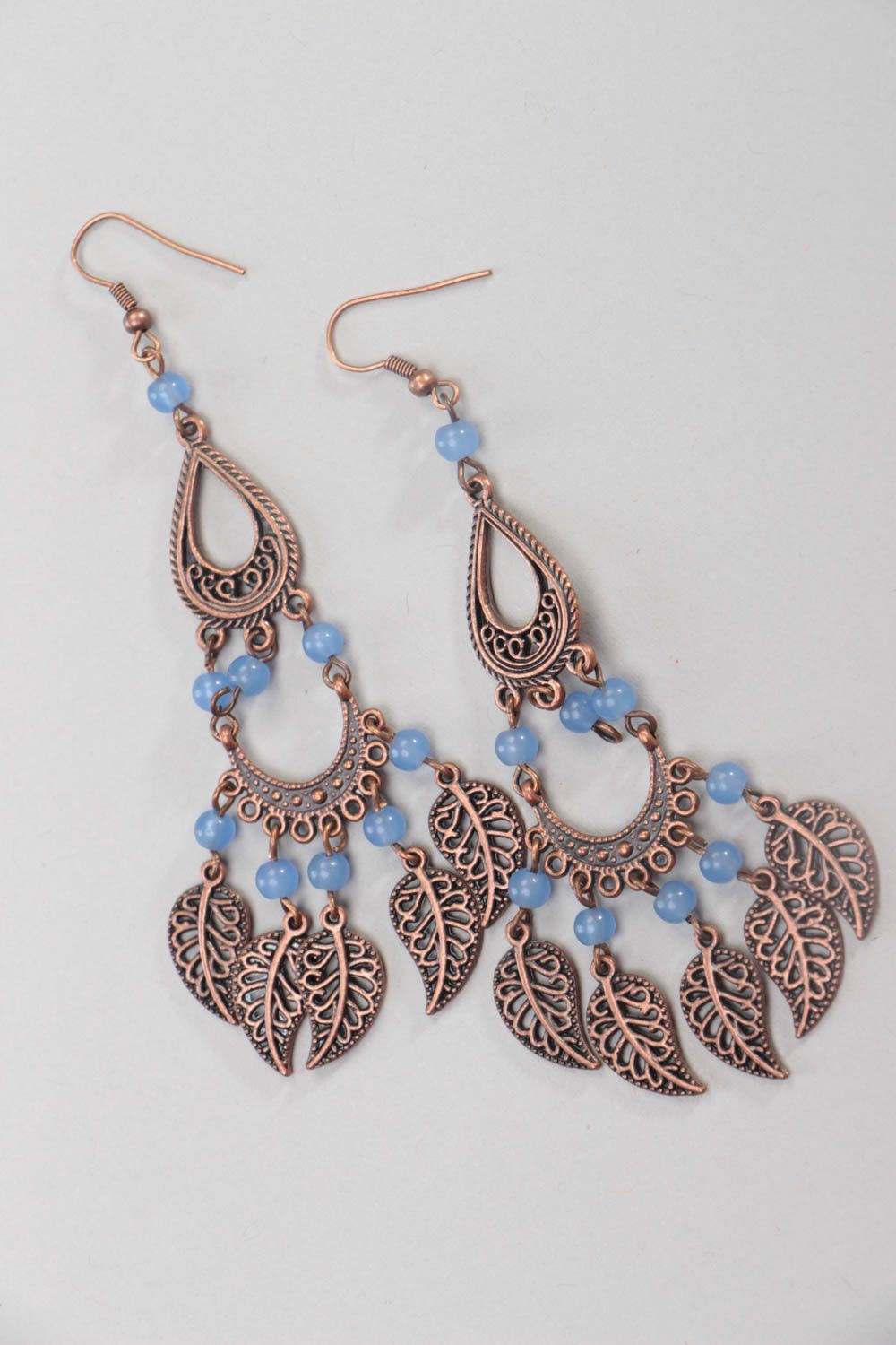 Handmade long earrings massive blue accessories jewelry made of glass beads photo 2