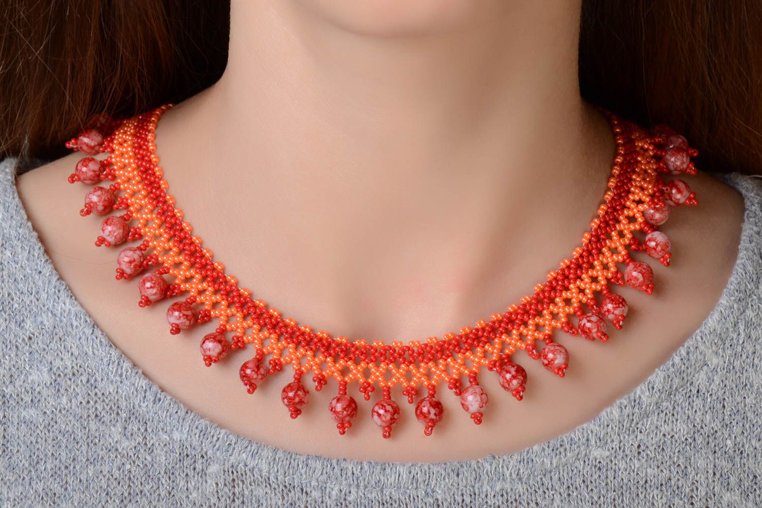 Unusual festive handmade designer red necklace woven of Czech beads photo 1