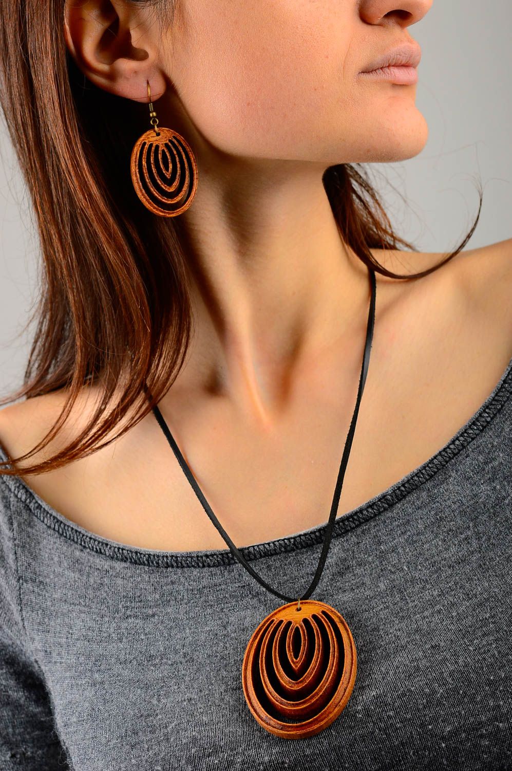 Unique wooden jewelry set handmade earrings designer pendant necklace photo 1