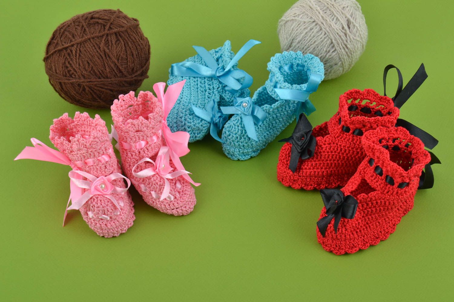 Set of handmade colorful crochet cotton baby booties 3 pairs photo 1