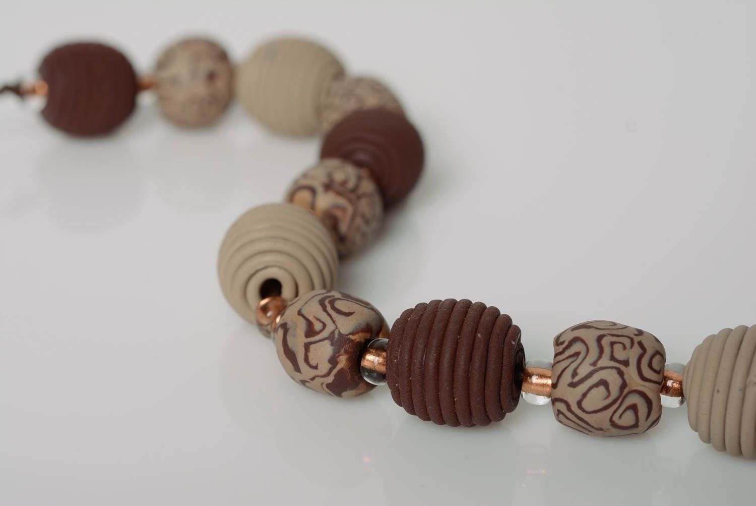 Handmade brown necklace made of polymer clay with large beads handmade on waxed cord photo 3