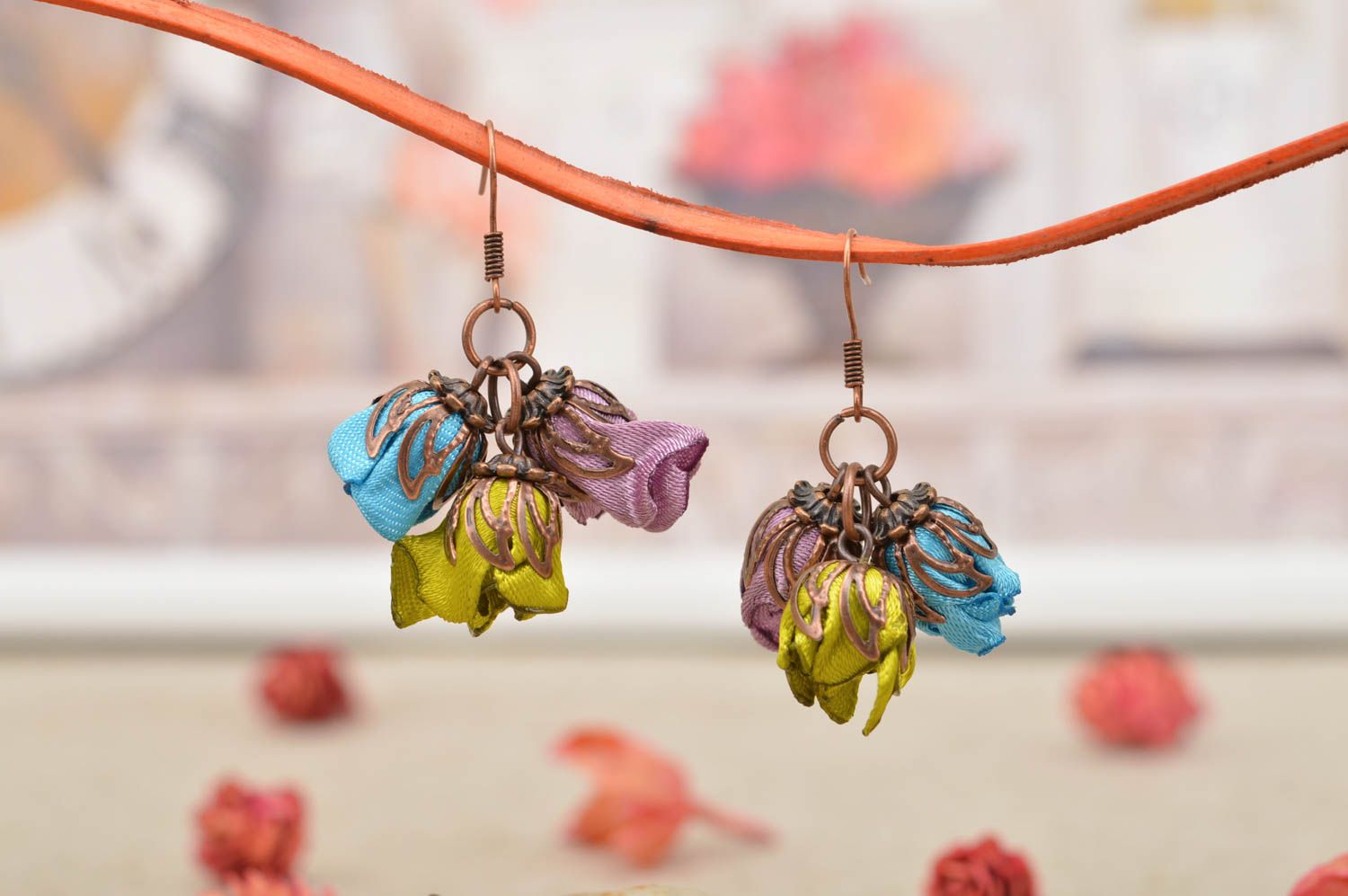 Unusual handmade ribbon flower earrings textile jewelry designs gifts for her photo 1