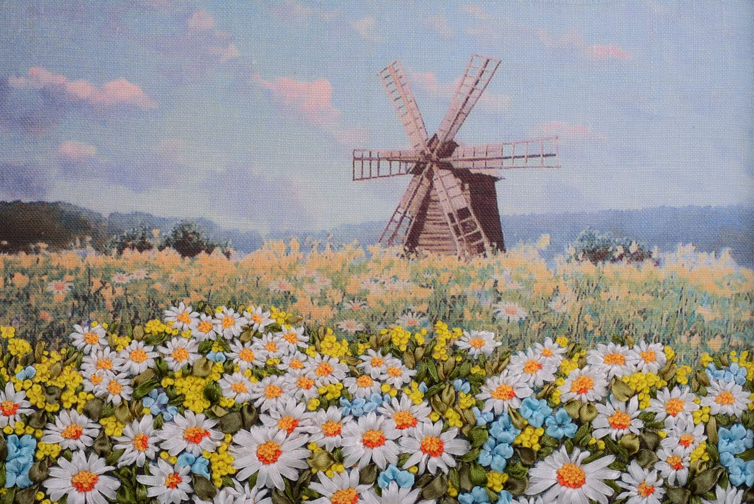 Besticktes Gemälde handmade Mühle auf dem Kamillenfeld foto 2
