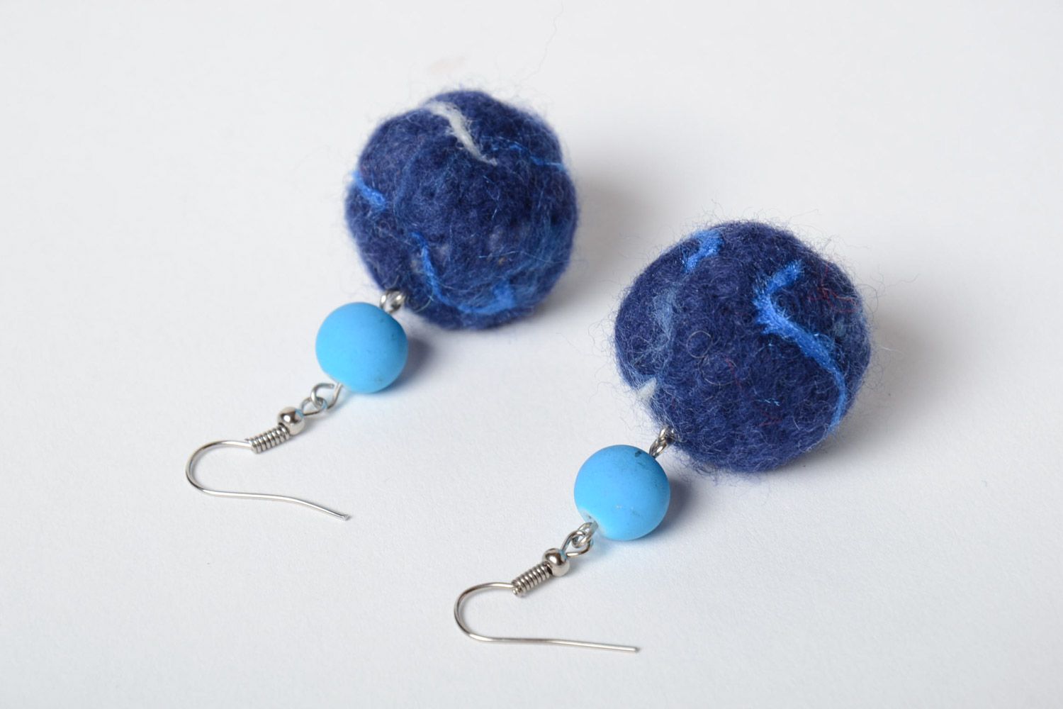 Handmade designer felted wool ball earrings of blue color women's accessory photo 3