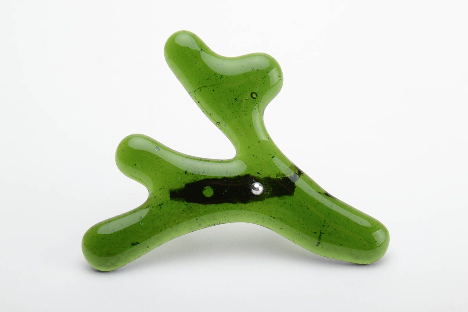 Unusual green handmade fused glass brooch with pin photo 2