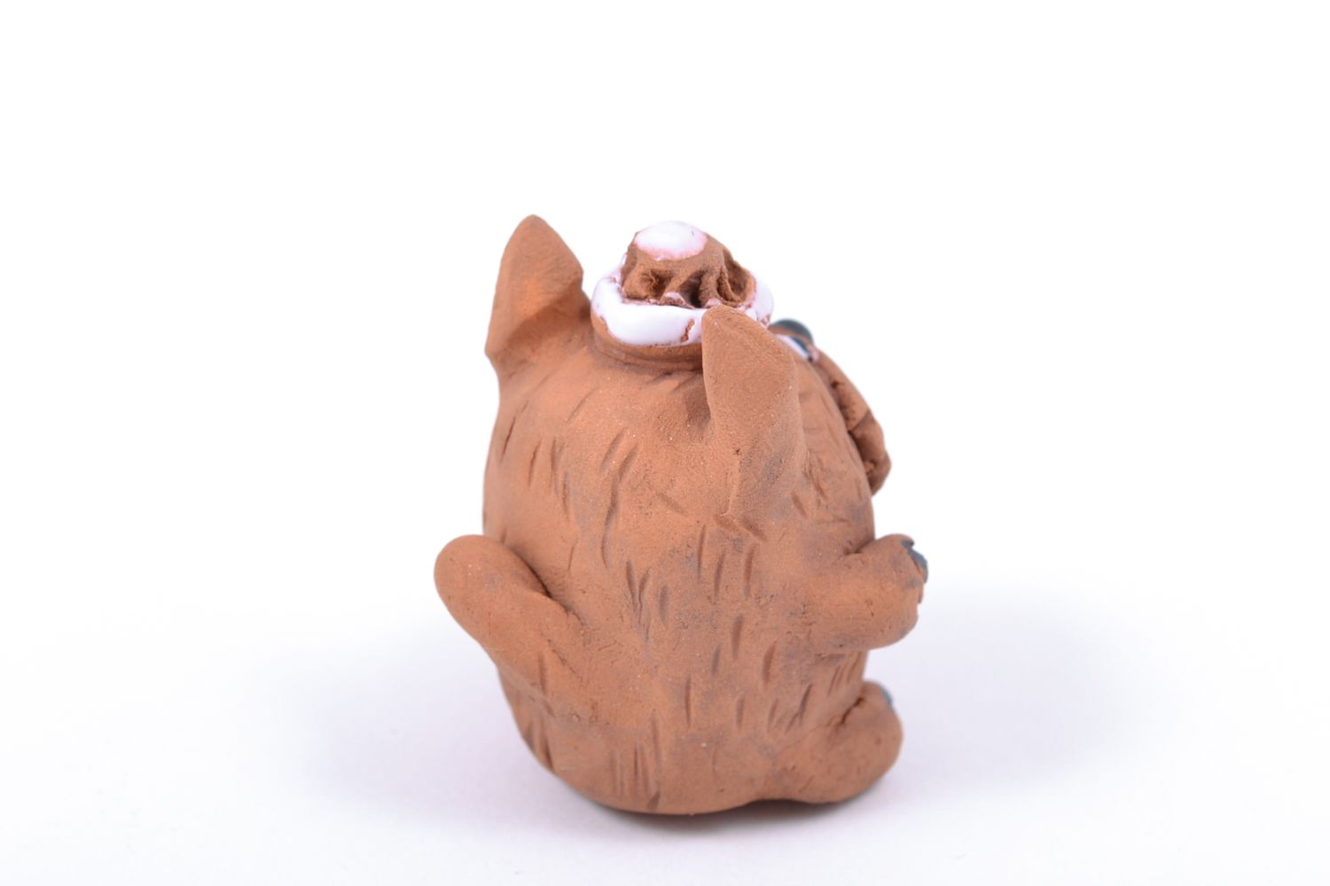 Petite figurine décorative Chat en chapeau terre cuite brune originale faite main photo 4