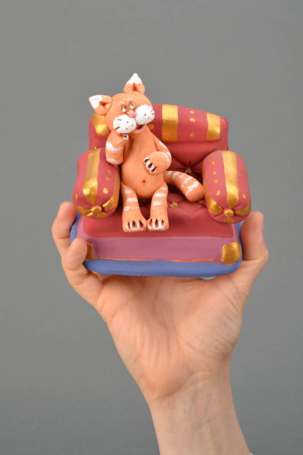 Figurine drôle Chat en argile faite main photo 2
