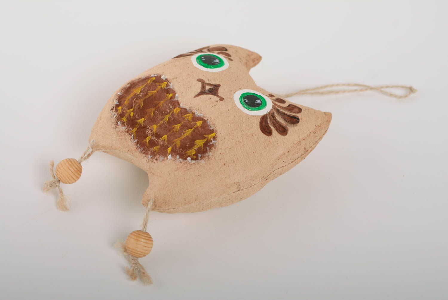 Beautiful handmade cotton fabric soft interior pendant toy painted with acrylics Owl with eyelet photo 2