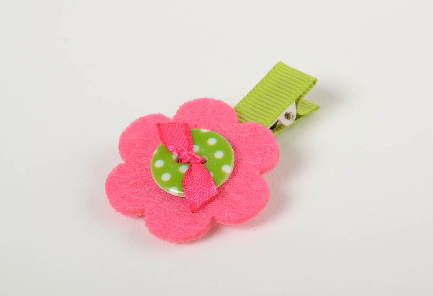 Designer hairpin with flower pink with green beautiful bright handmade barrette photo 2