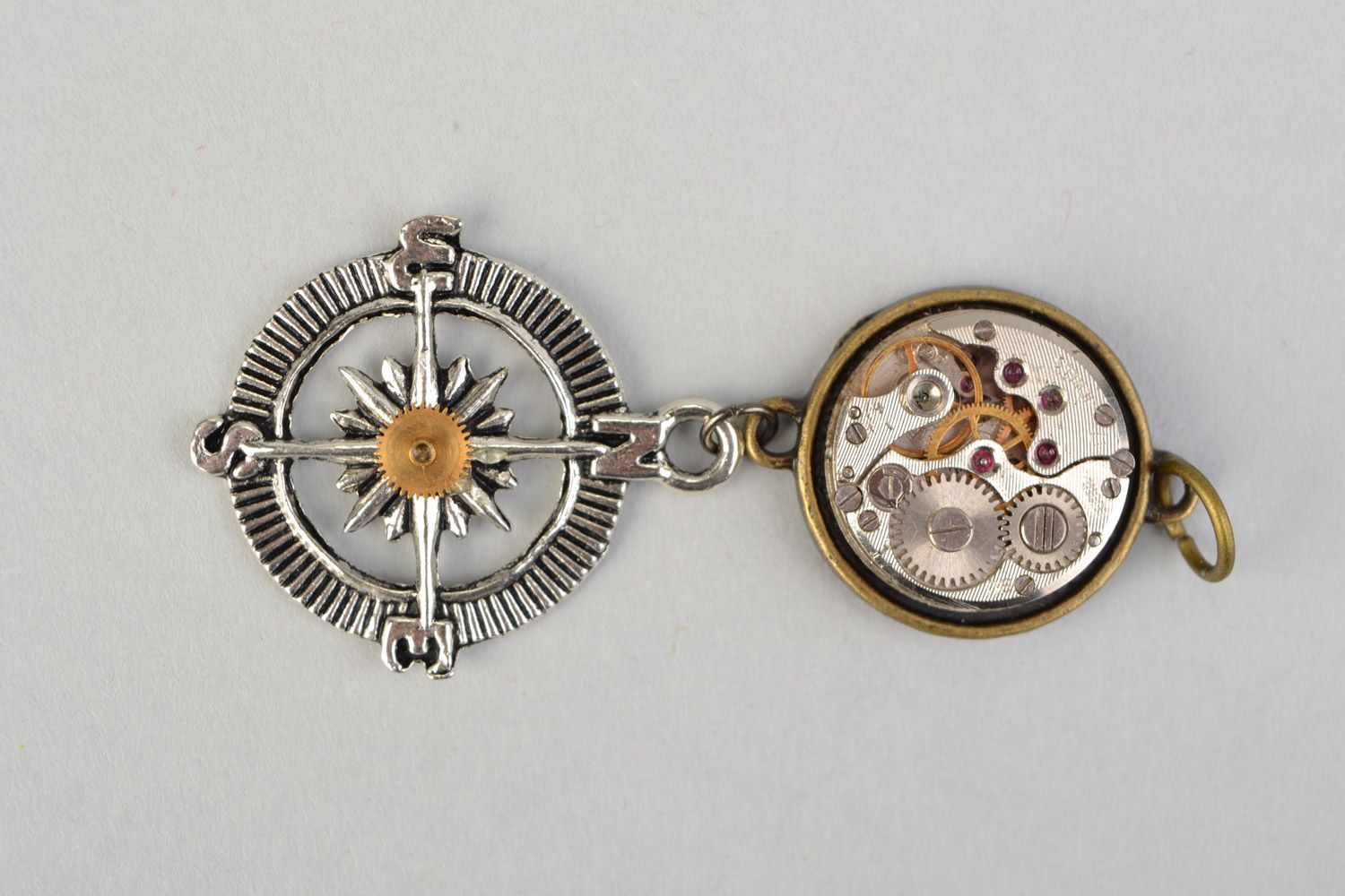 Handmade metal pendant with clock mechanism in steampunk style Compass and Time photo 4