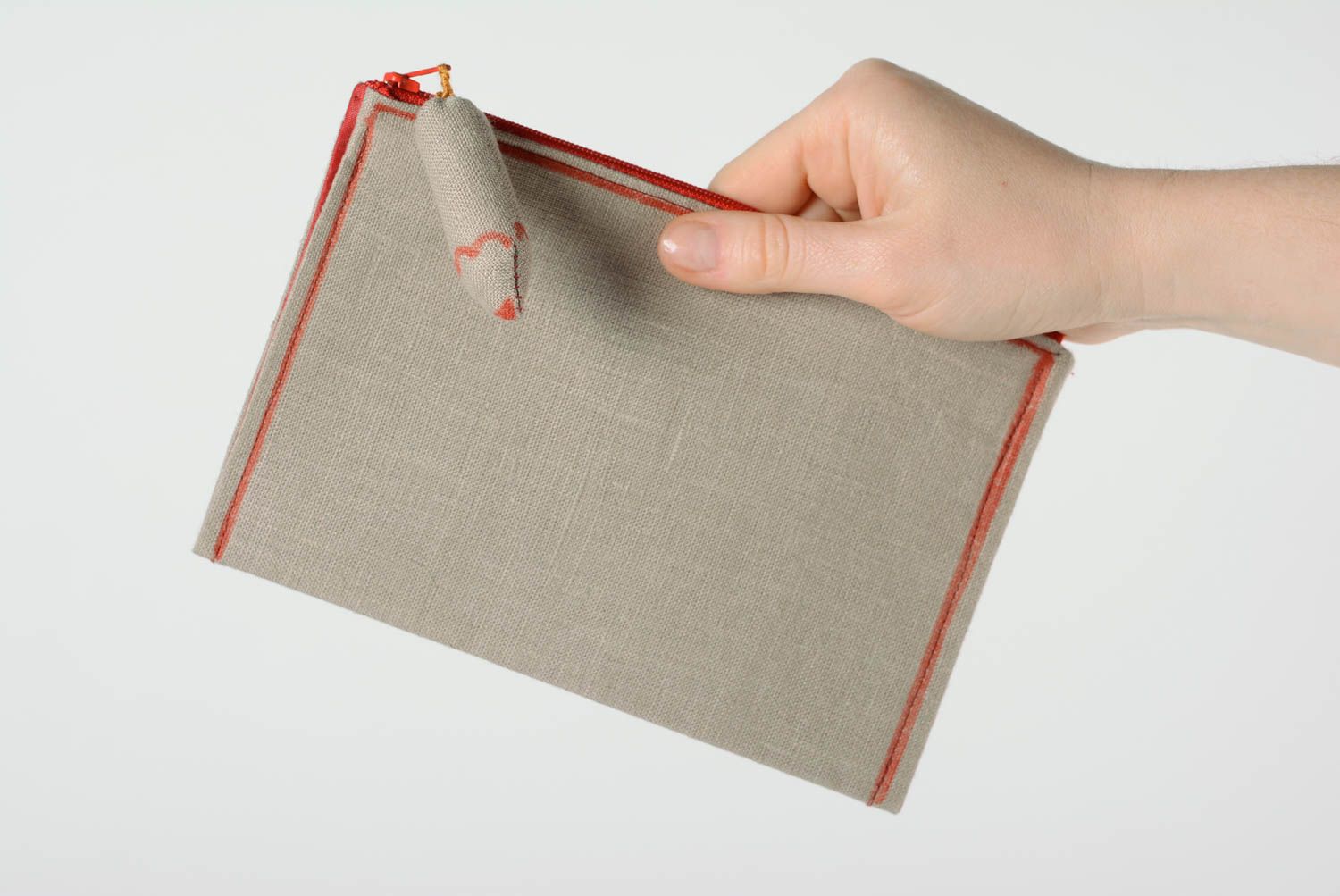 Handmade designer linen fabric cosmetic bag of gray color with decorative pencil photo 2