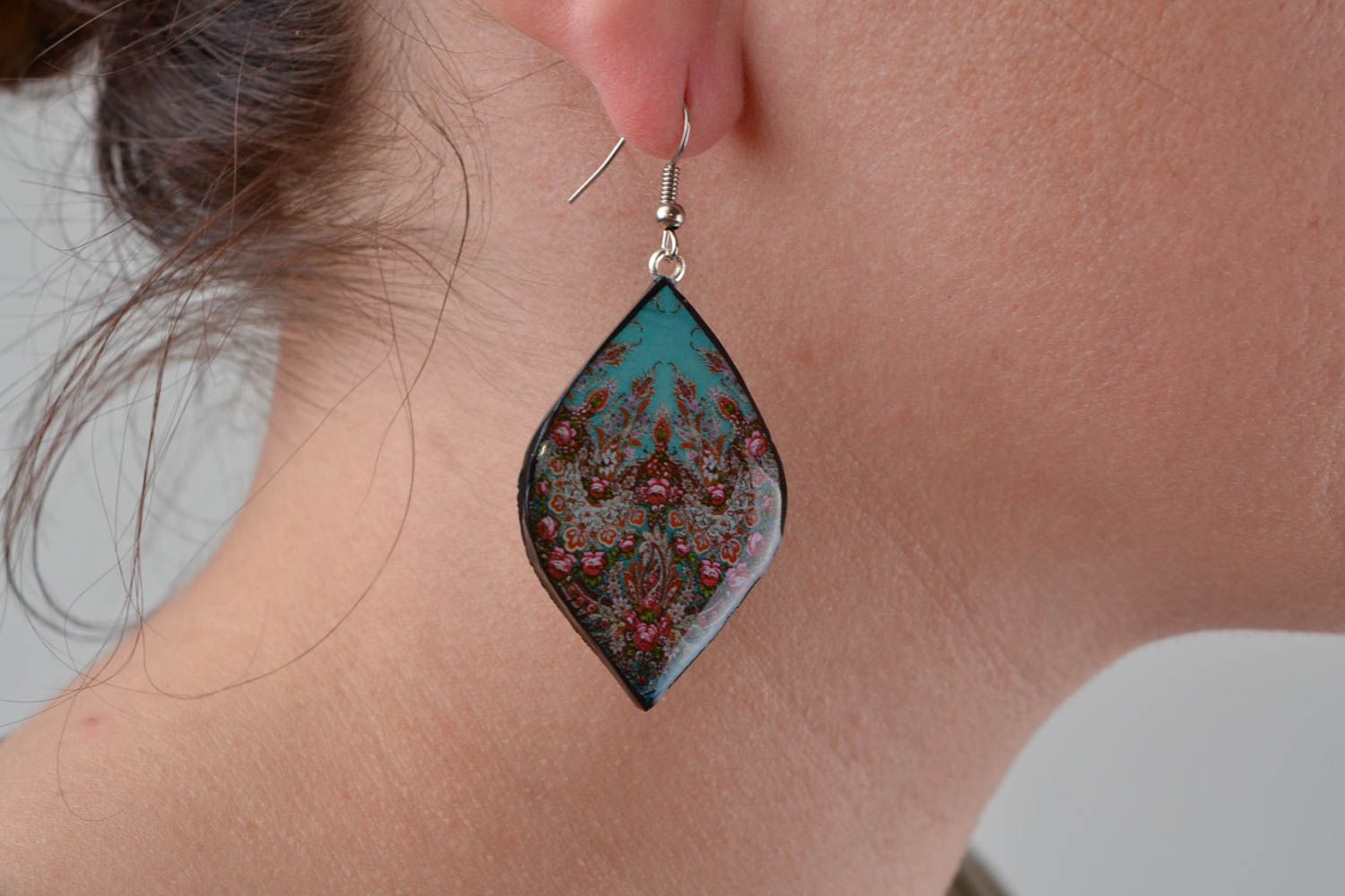 Beautiful handmade designer plastic earrings with decoupage Leaves photo 2